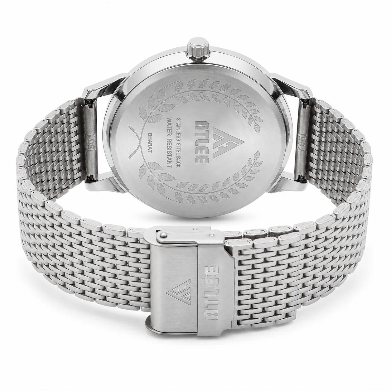 ATLEE A103 silver watch showing stainless-steel case back and fold-over clasp