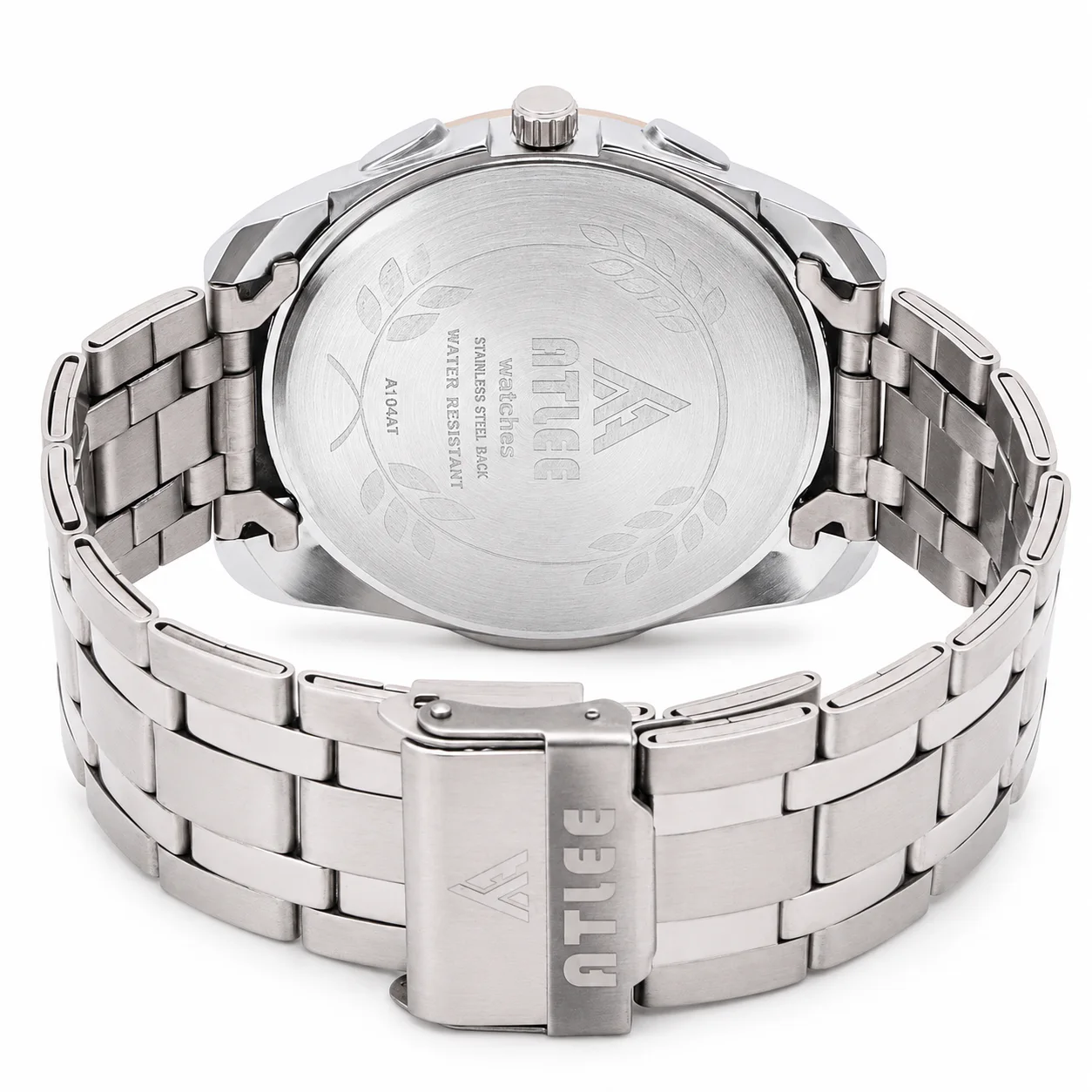 ATLEE A104 two-tone watch showing stainless-steel case back and fold-over clasp