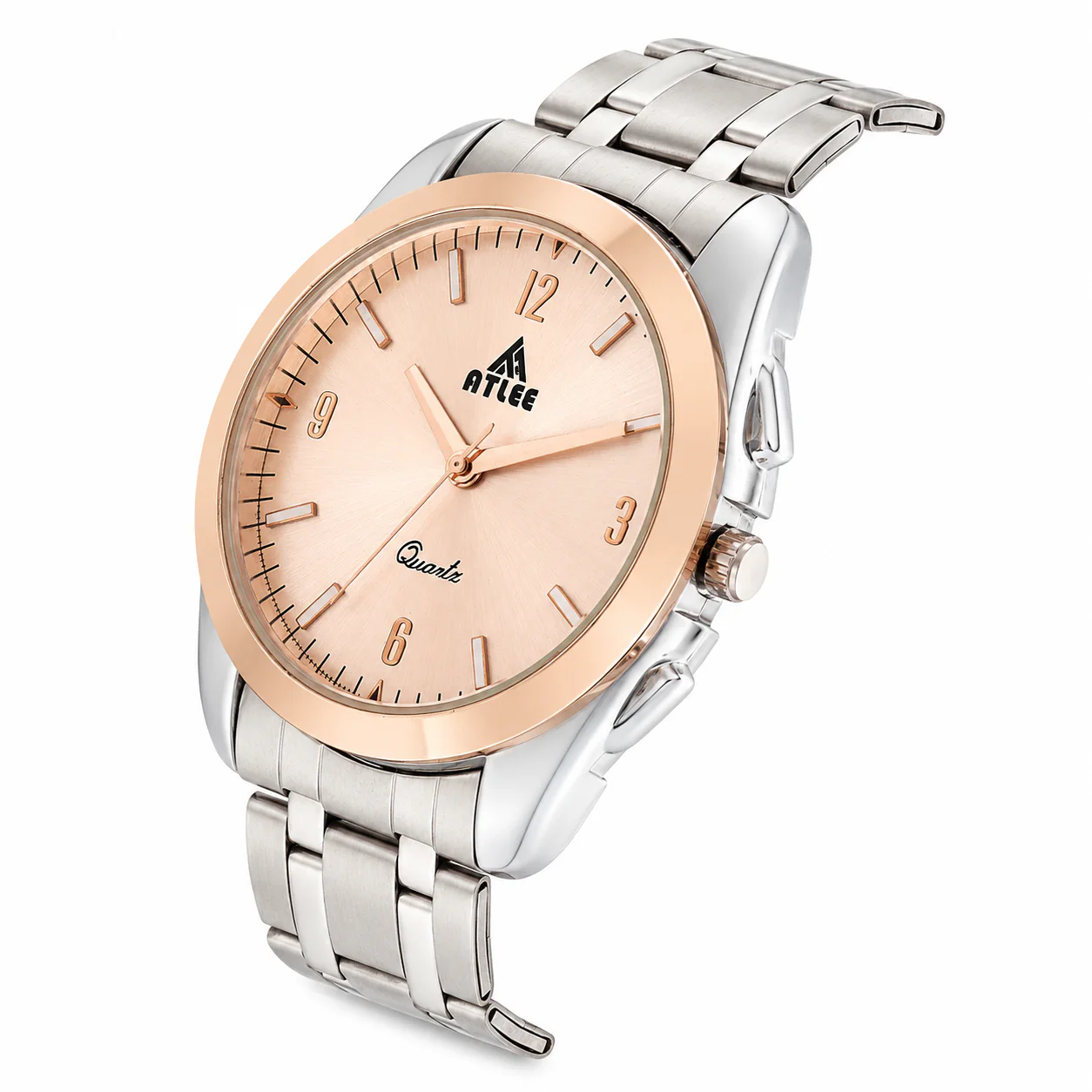ATLEE A104 men’s analog watch with rose gold bezel and silver stainless steel bracelet angled view